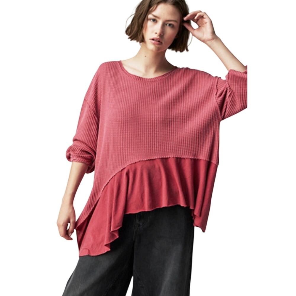 FREE PEOPLE x WE THE FREE Vada Pink Mixed Media Thermal Knit Top